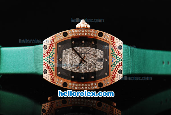 Richard Mille RM007 Rose Gold Case with Black/Diamond Dial-Diamond Hour Markers and Diamond Bezel-Green Leather Strap - Click Image to Close